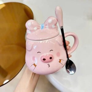 Cốc sứ heo hồng đáng yêu có nắp và muỗng Tiệm của Sứa