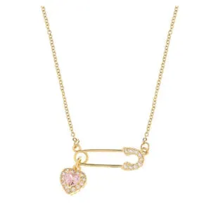 Dây chuyền 102 – Ghim cài tim hồng ánh vàng